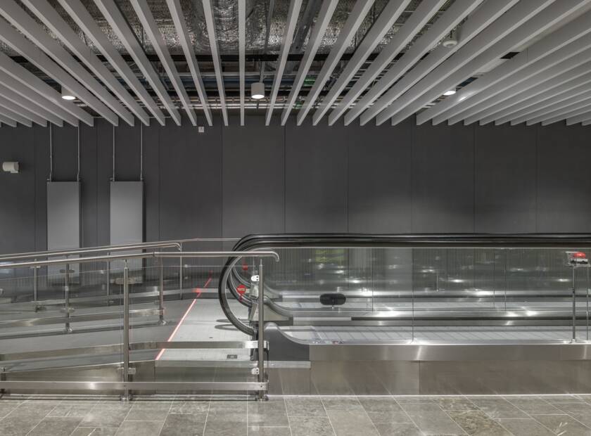 Interior in Stockholm airport, an integration tunnel between terminals. The boards are fixed invisible on a SFS system. FörbindelsegångTerminal, Stockholm, Sweden